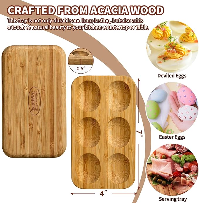 Deviled Egg Platter & Deviled Egg Tray.Mini Bamboo 6-Holes Rectangular Wooden Egg Holder-countertop Egg Holder-Small Easter Deviled Egg Carrier for Kitchen Countertops