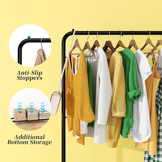 Simple Trending Clothing Rack for Hanging clothes, Portable Garment Rack with Bottom Shelf, Metal Clothes Rack on Wheels for Bedroom, Laundry Room, Black