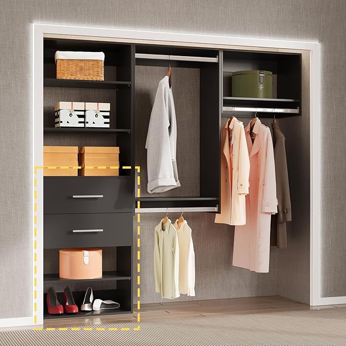 2 Drawer Short Tower Closet Unit, Modular Closet System, Wood Closet System Organizer with Storage for Walk In Closets, Clothing Rack Closet for Hanging Clothes, Bedroom, Black, 31.5"W
