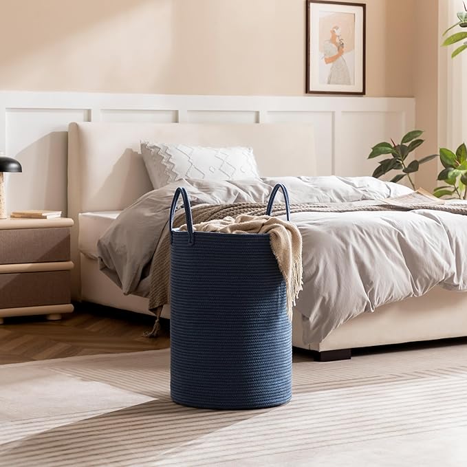 Laundry Basket, 52L Woven Laundry Hamper, Baby Nursery Hamper for Toys, Blanket Basket for Living Room, Clothes Hamper for Bedroom&Baby Room, Blue