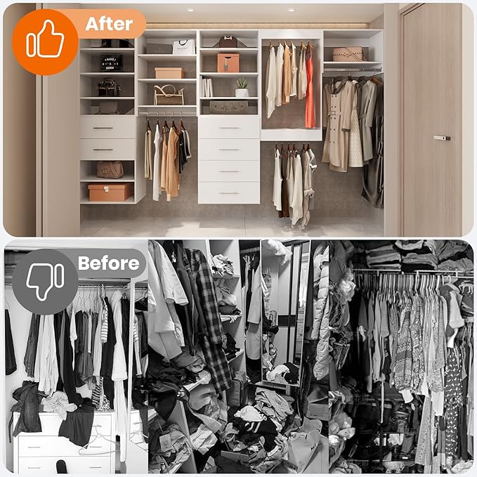 ROOMTEC Modular Closet System, 72" Wall Mounted Modern Closet Organizer with Hanging Rods and Shoe Shelf, Wooden Tower for Walk-In Closets, Wardrobe Storage Kit, White