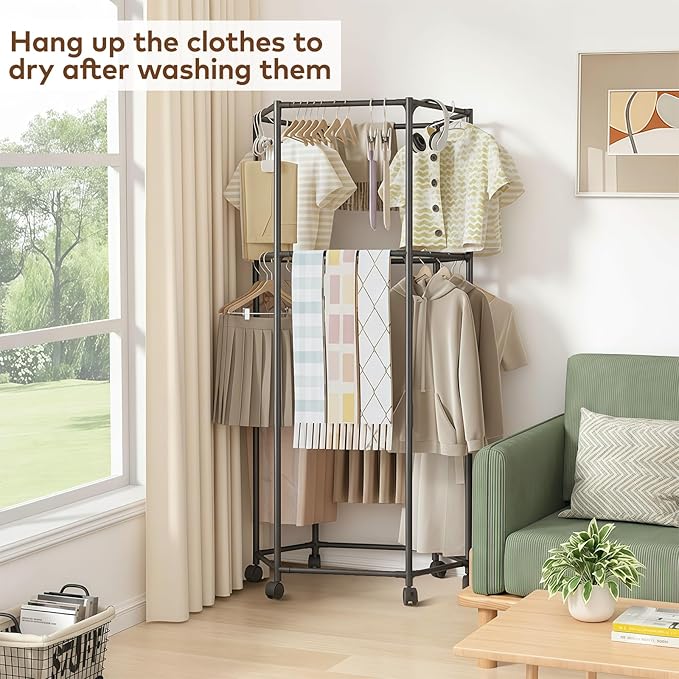 Clothes Rack with Wheels, Hexagonal Rolling Clothing Rack for Hanging Clothes, Clothes Drying Rack, Garment Storage for Bedroom, Laundry, Balcony (68" H)