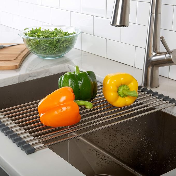 Kitchen Details Over The Sink Drying Rack | Roll Up Dish Mat | Easy Storage | Stainless Steel | Non-Slip Silicone | Drain Tray | BPA Free | Food Safe | Space Saving | Grey