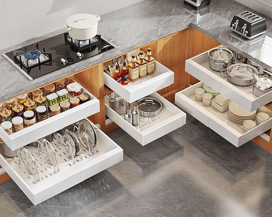 Seinloes 6Pack Expandable Pull Out Cabinet Organizer 21"Deep With Raising Pad for Framed Cabinets,Slide Out Drawers with 4pcs Divider Racks,Roll Out Shelves Adhesive,Adjustable Width 12.05"-20.4"White