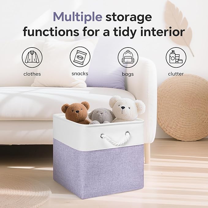 ECDYQXVU 13x13 Inch Cube Storage Bins with Reinforced Bottom Cardboard, 6 Pack Large Foldable Fabric Storage Cubes with Handles for Shelf, Closet, Laundry Organization (White&Purple)