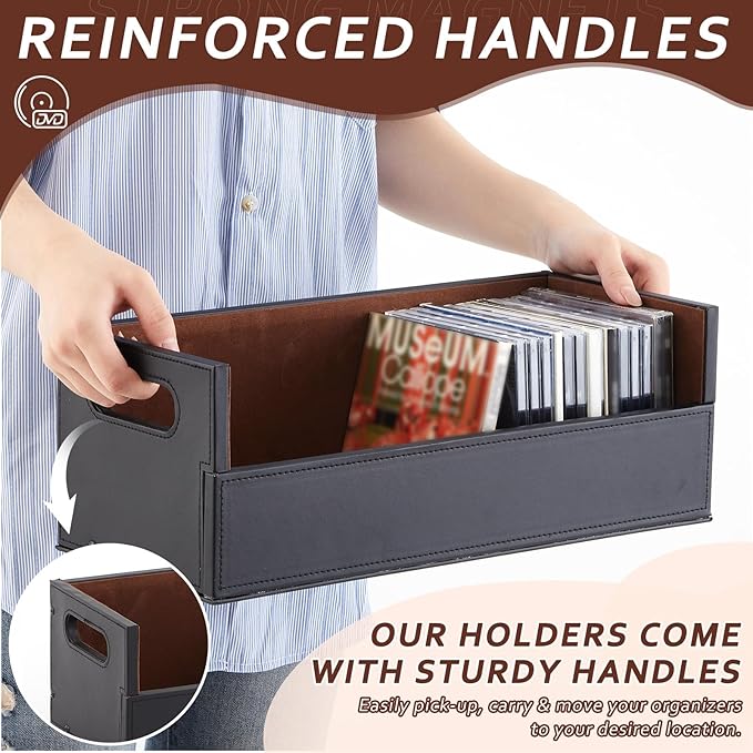 CroBlissful 2 Set Leather Cd Storage Box Organizer Shelf for Movie Cases Cassette Tape Display Stand with Carrying Handles Each Store up to 33 Pcs Cds for Dvds, Video Game Disks, Albums, Books
