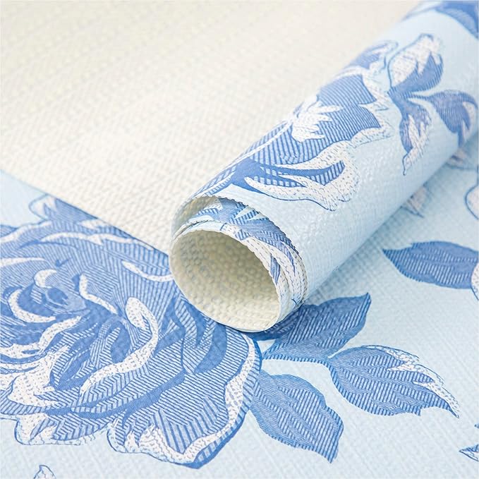 FIFTY FEET 18X96 Inch Shelf Liner for Kitchen Cabinets, PVC Drawer Liner for Dresser Non-Slip Bathroom, Non-Adhesive Cabinet Liner Washable (Blue Flower)(6 Roll)