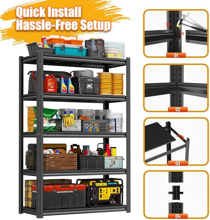 PRESTELION Garage Shelving Heavy Duty 3500LBS Garage Storage Shelves 5-Tier Adjustable Metal Shelving Units for Industrial, Warehouse, Basement, Commercial, 63" H × 48" W × 24" D, Black