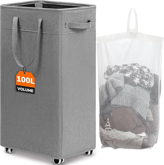 CHICVITA 100L Laundry Basket with Wheels, Slim Laundry Hamper with Removable Wash Bag for Bedroom, Clothes Hampers for College Dorm, Light Grey