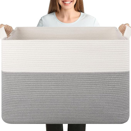 OIASKET XXXL Supre Large Blanket Basket for Clothes, Towels, Pillows, 108L Cotton Rope Storage Basket for Living Room, Woven Toy Storage for Kids, 25" x 16" x 16", Grey and White