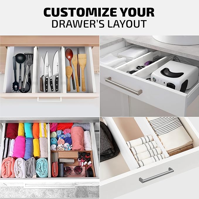 4-Pack White Drawer Dividers - Fits Drawers 12.2 to 17.3 Inches Deep, 2.6 Inch High, 0.6 Inch Thick, Adjustable Bamboo Drawer Organizers Separators for Dresser Clothes, Kitchen, Bathroom, Home, Office