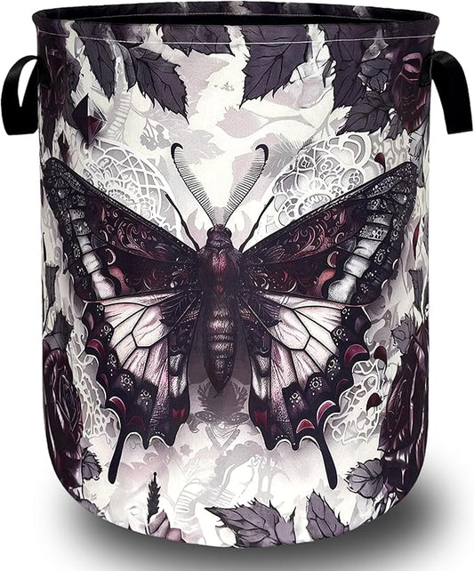 Purple Butterfly and Rose Flowers Laundry Basket Foldable Colorful Laundry Hamper With Handle Oxford Cloth Portable Clothes Storage Basket Laundry Bag 18.9"x16.5" For Laundry Room/Bedroom/Bathrooms