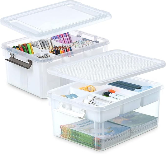 Citylife 17 QT Plastic Storage Box with Removable and 6 Detachable Inserts, Clear White