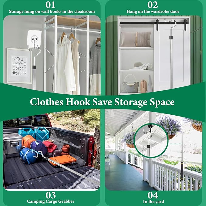 Clothes Hanger Reaching Hook,33 to 51Inch Clothing Hook Pole Long Christmas Light Hanging Extension Adjustable Clothes Rod Assist Tool Sponge Handle Shutters Pole Ceiling Home Reacher Poles