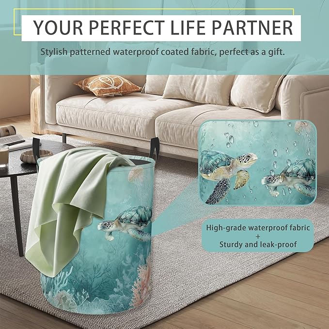Laundry Hamper Foldable Oxford Cloth Turtle Beach Palm Trees Laundry Basket With Handle Portable Clothes Storage Organizer Basket Storage Bag For Laundry Room/Bedroom/Bathroom