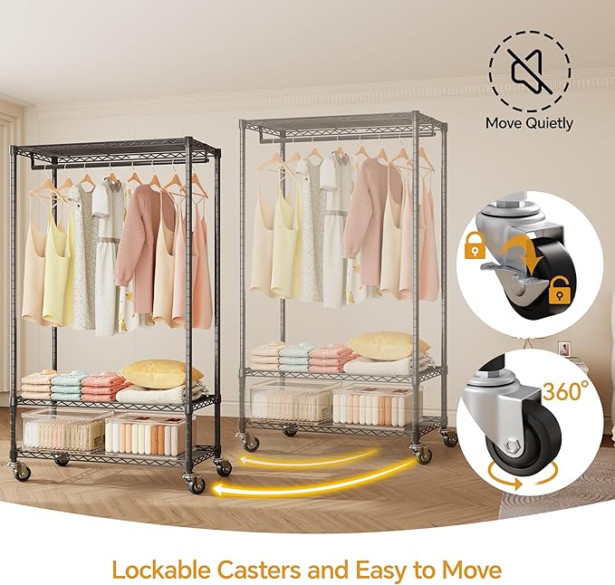 Higeego H4 Plus Rolling Garment Rack with Cover, Heavy Duty Clothes Rack with Wheels, Portable Closet for Hanging Clothes, Wardrobe Closets Organizer Storage, Black Closet Rack with Black Fabric Cover