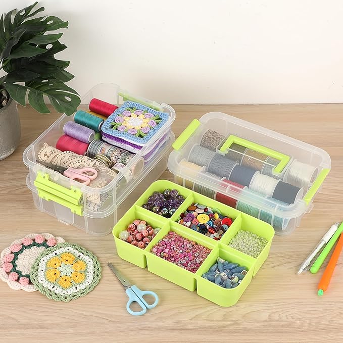 JUXYES 2 Pack 3-Tiers Stack Carry Storage Box With Divided Tray, Transparent Stackable Storage Bin With Handle Lid Latching Storage Container for School & Office Supplies, Green