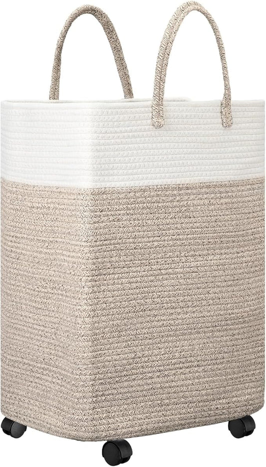 LemonRoad Woven Laundry Basket with Wheels 65L Cotton Rope Laundry Woven Hamper Nursery Storage Basket for Toys Large Dirty Clothes Blankets Bedroom Rice Brown