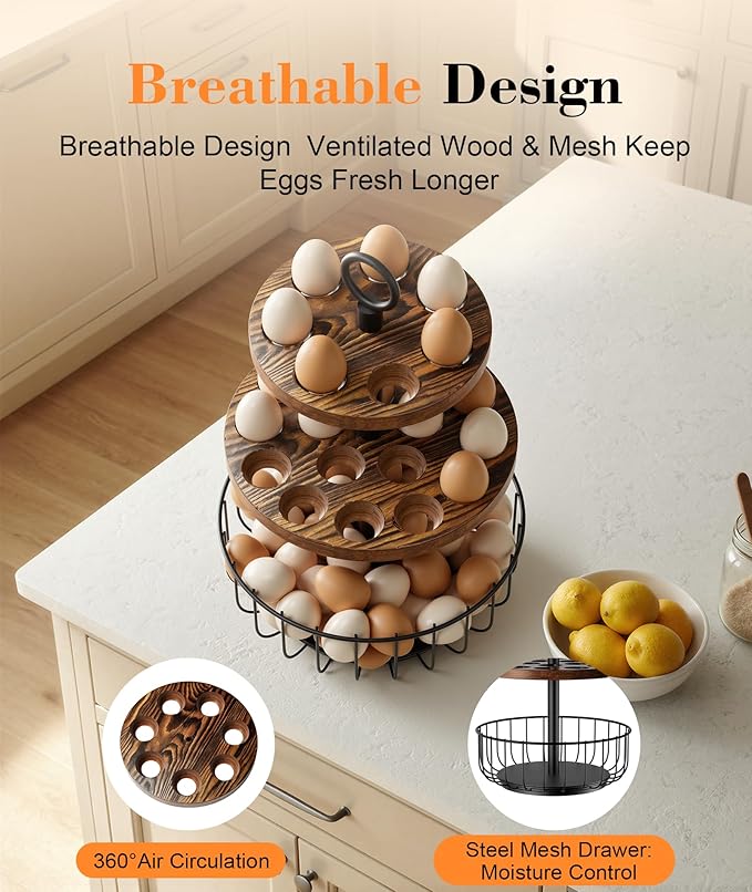 3-Tier 360° Rotating Egg Holder with 24+40 Egg Capacity - Rustic Farmhouse Kitchen Counter Organizer, Tiered Egg Storage Rack with Ventilated Wooden Trays & Metal Basket for Easter Eggs, Fresh Eggs