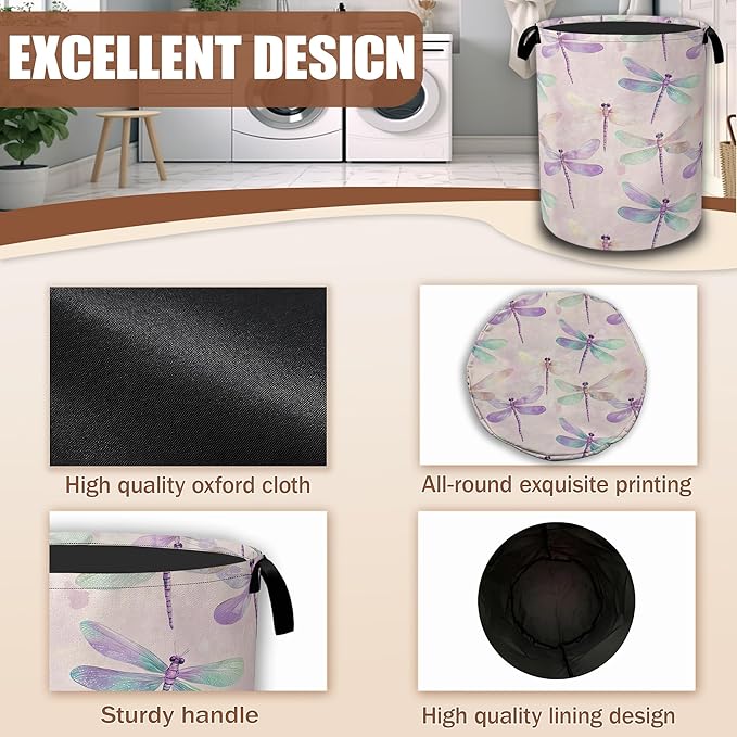 Watercolor Laundry Hamper,Purple Green Dragonfly Collapsible Laundry Baskets Waterproof Oxford Cloth With Handles,Clothes Storage Bucket Toy Organizer For Bathroom/Nursery/Bedroom 16" x 20.8"
