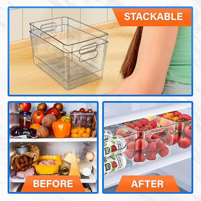 Lifemaster Multi-purpose Refrigerator Bins - 10 pieces Large Capacity Stackable Fridge Bin Organizer with Easy Grip Handles - Clear