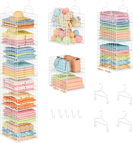 8-Tier Extended Depth Hanging Closet Organizers and Storage for Closet System, Stackable Closet Shelves with 4 Adjustable Dividers for Clothes Sweaters Purses, Wire Hanging Basket Fits Closet Laundry