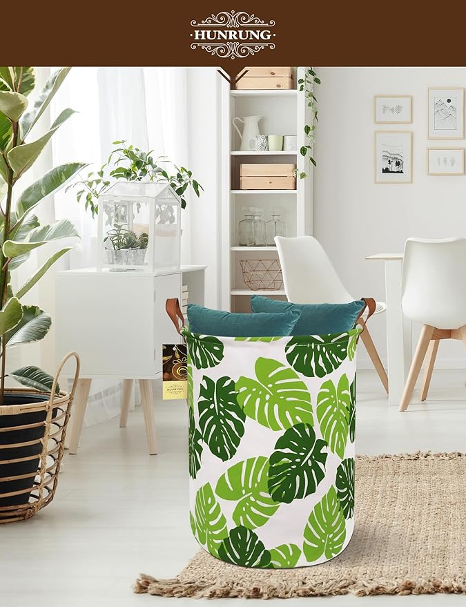 HUNRUNG Collapsible Fabric Storage Basket, Waterproof Laundry Hamper with Handles, Round Storage Bin for Clothes Toys, Foldable Organizer for Bedroom Nursery Bathroom(Round Leaf)
