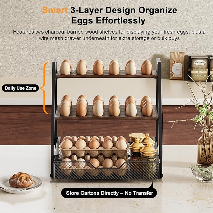 3-Tier Wooden Fresh Egg Holder Countertop With Basket for 36+90 Eggs, Storage for Countertop with Carry Handle for Gathering 150+ Fresh Eggs