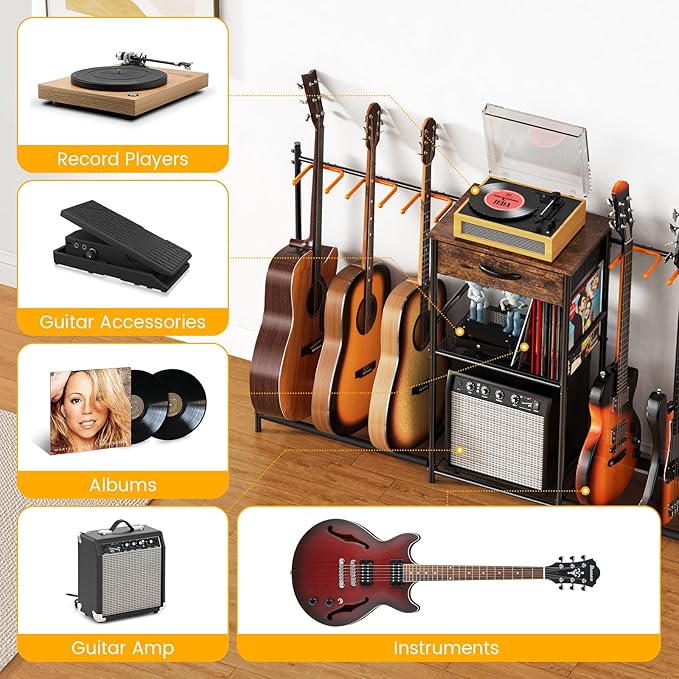 Guitar Stands Floor with 6 Guitar Holders, 3-Tier Guitar Stand Multiple Guitars, Guitar Rack with Amp Stand & Cloth Drawer, Multi Guitar Stand for Music Studio, Guitar Accessories gift for Music Lover