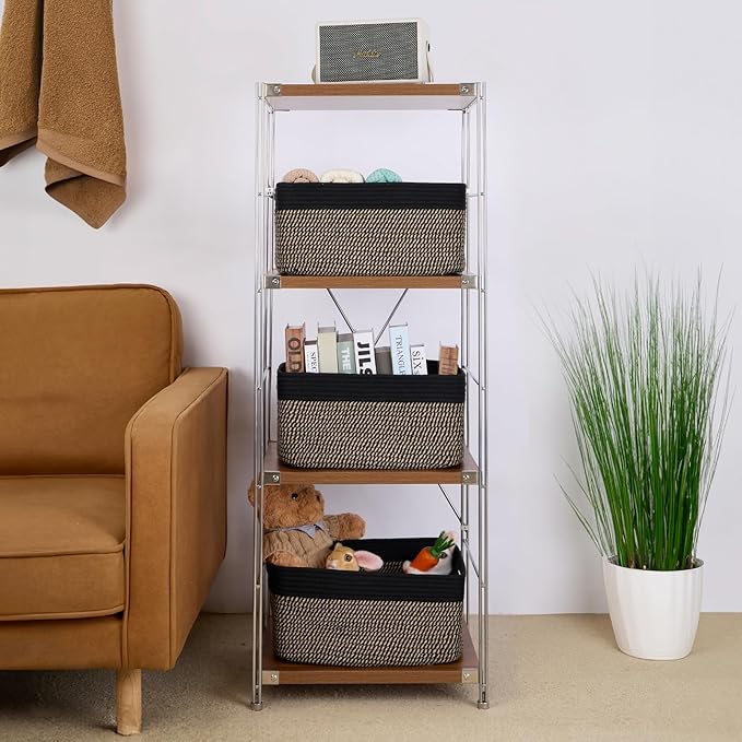 MiniArk Large Storage Baskets for Shelves, Closet Organizers Bins for Clothes Blanket Towels, Baby Nursery, Toy Baskets Box, Woven Rope Baskets, 17 x 13 x 7.5”, 3 Packs Woven Brown