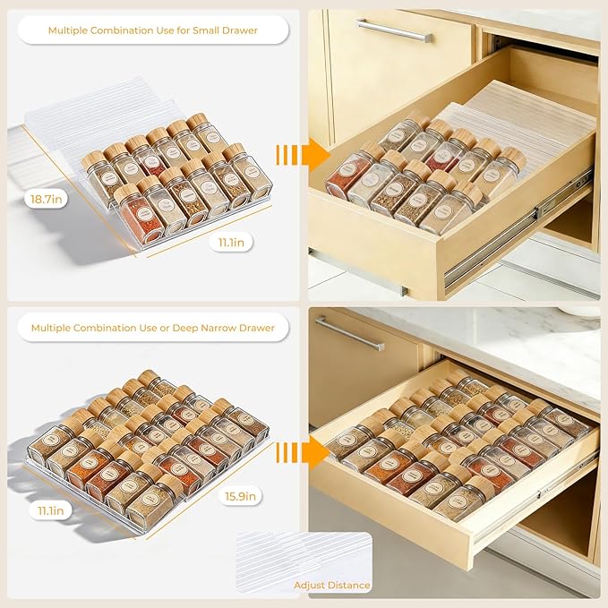 Acrylic Spice Drawer Organizer 4 Tier(8 Packs),Expandable from 11" to 22" Seasoning Organizer Tray for Kitchen - Clear Tiered Spice Rack for Drawer, No Assembly Required(Jars Not Included)