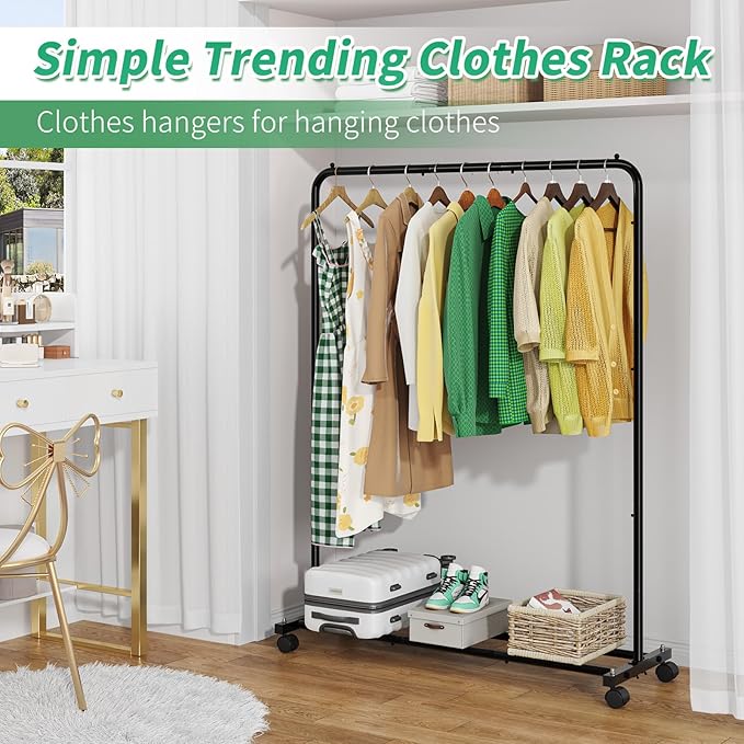 Simple Trending Clothing Rack for Hanging clothes, Portable Garment Rack with Bottom Shelf, Metal Clothes Rack on Wheels for Bedroom, Laundry Room, Black