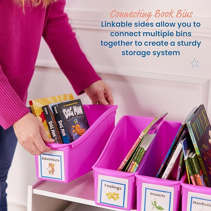 ECR4Kids Linking Plastic Storage Book Bin, Multipurpose Organization, Neon Purple, 10-Piece