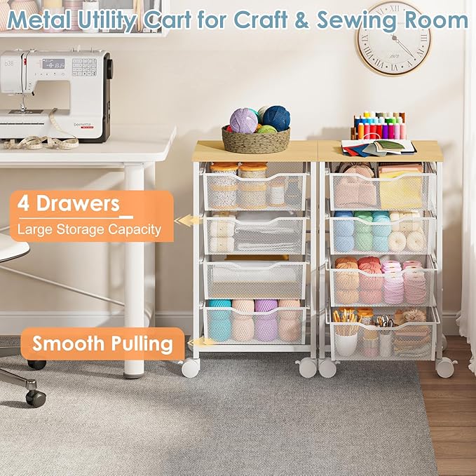 Sbanmao Utility Cart with 4 Drawers, Rolling Storage Cart, Metal Rolling Drawer Cart with Lockable Wheels and Wooden Tabletop, Craft Storage Art Cart for Living Room, Bedroom, Classroom, Office, White