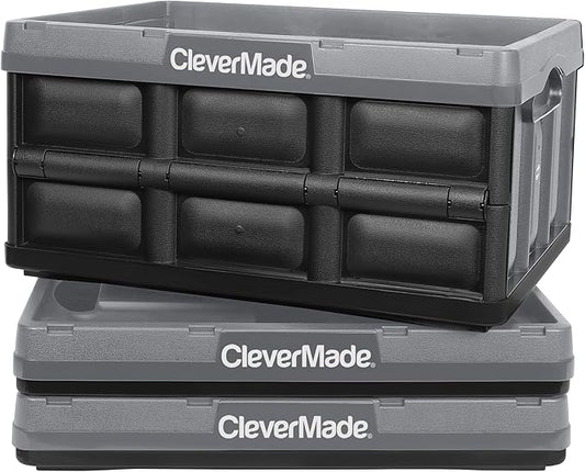 CleverMade Collapsible Storage Bins 32L 3 Pack – Heavy Duty Foldable Storage Bins with Built-In Handles for Garage Storage and Home Organization - Stone