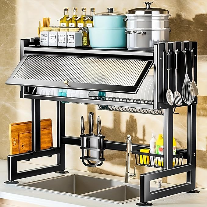 Over The Sink Dish Drying Rack, 3-Tier Dish Drying Rack with Cover, Large Sink Storage Organizer with Hooks and Clear Flip Door for Kitchen Counter, Black (25.5")