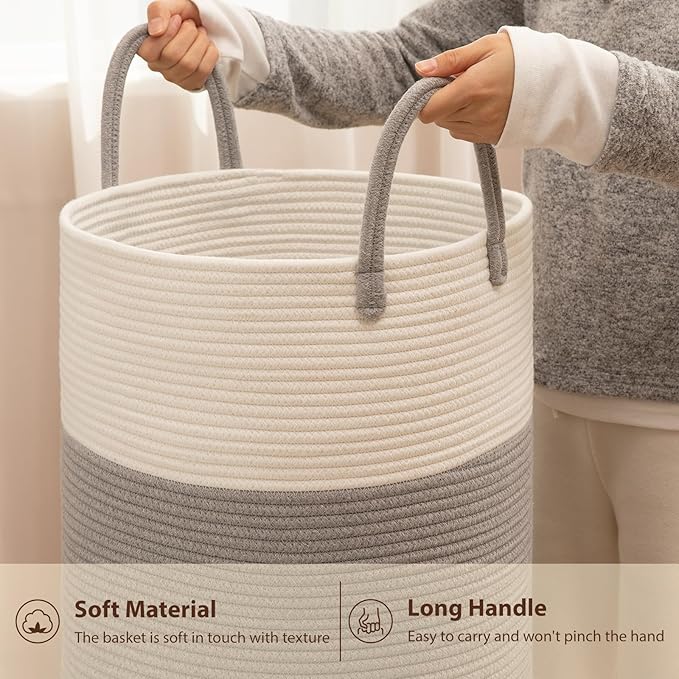 OIAHOMY Large Laundry Basket Hamper - 80L Cotton Rope Woven Basket for Blankets, Toys, Clothes - Tall Decorative Nursery Hamper with Long Handles, Grey/White