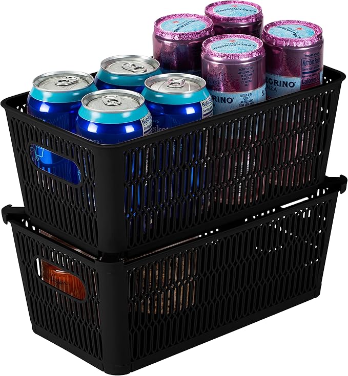 Simplify 2Pk Small Slide 2 Stack It Tote Basket | Storage & Organization | Open Bins with Stackable Capability | Bathroom | Crafts | Pantry | Playroom | Office | Black