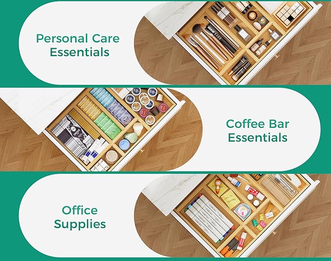 Bamboo Kitchen Drawer Organizer Set of 2, Stackable 12" x 6" Wood Silverware Utensil Tray for Drawers Bins, Cutlery & Flatware Storage – Wooden Boxes Organizers for Junk Drawer, Bathroom, RV