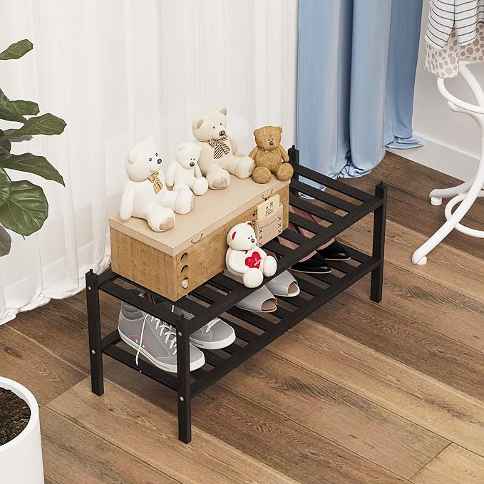 Dranixly Shoe Rack, 2-Tier Bamboo Stackable Shelf Storage Organizer, Stand for Closet, Entryway and Hallway （Black）