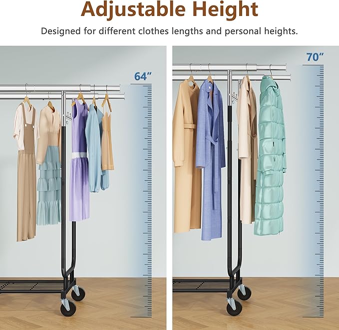 Heavy Duty Rolling Clothes Rack, 620 LBS Load Double Rod Adjustable Garment Rack with Storage Shelves & Lockable Wheels, Portable Clothing Rack for Hanging Clothes for Bedroom, Laundry Living Room