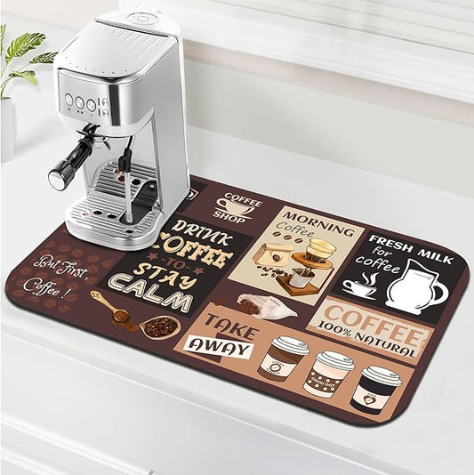 Retro Coffee Pattern Drying Mat 12" x 19", Non-Slip Absorbent Quick-Dry Mat, Protects Countertops from Spills Stains for Coffee Makers Espresso Machines
