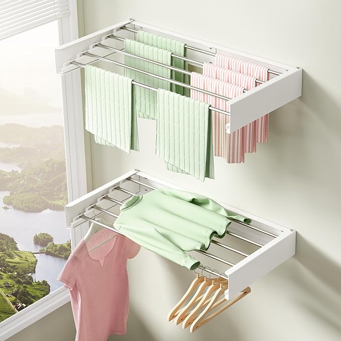 BOQORAD Clothes Drying Rack Wall Mounted 32“,Drying Rack Clothing Wall Mount,Laundry Drying Rack,Wall Mounted Clothes Hanging Rack (White)