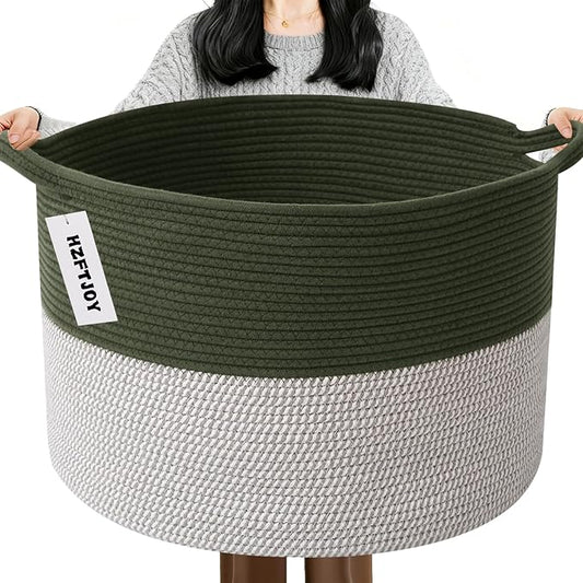 65L Large Blanket Basket,Woven Rope Laundry Basket Hamper with Handles,Decorative Nursery Basket Storage Bin for Toys, Pillows , Clothes Organizer, Living Room, Bedroom, Bathroom, Green&White
