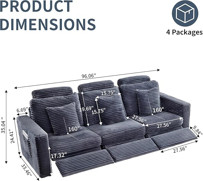 LEVNARY 3-Seater Modular Reclining Sofa, Faux Rabbit Fur Power Recliner Couch with 3 Electric Seats, 3 Pillows & Side Pockets, Adjustable Back & Footrest, Living Room Furniture (Gray)