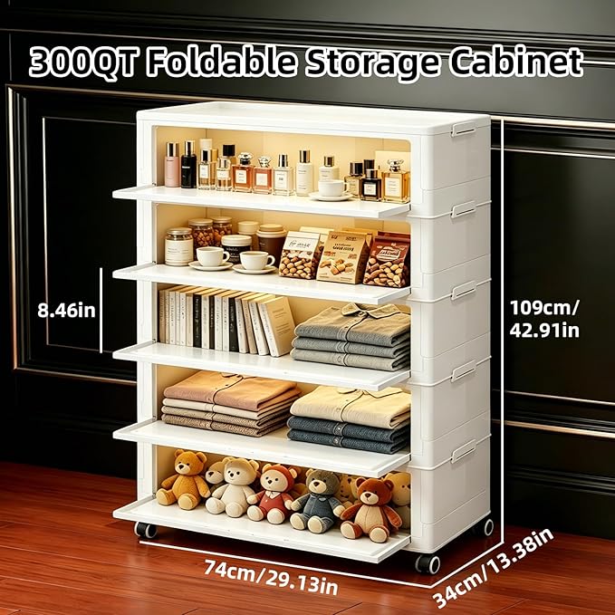 300QT Foldable Storage Cabinet with Lids, Stackable Storage Drawers with Doors and Wheels,ABS Durable Storage Cabinet Organizer for Home, Living Room, Kitchen, Stylish Home Decor (5 Tier)