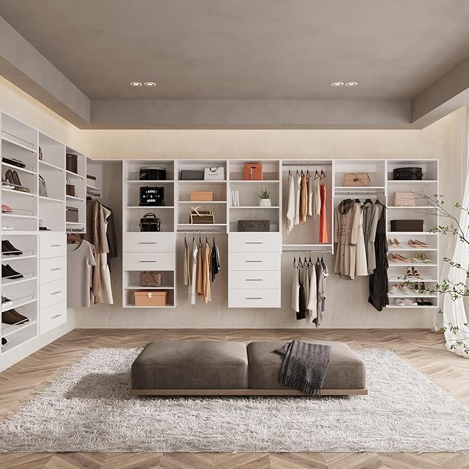 ROOMTEC Modular Closet System, 66" Wall-Mounted Closet Organizer with Hanging Rods, Modern Wooden Tower for Walk-In Closets, Wardrobe Storage Kit, White