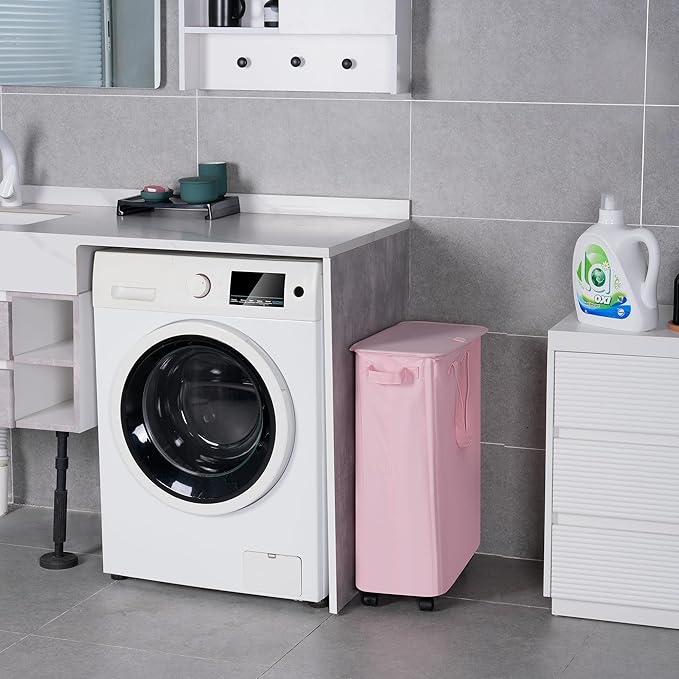Vincona Slim Laundry Hamper with Lid and Wheels, Small Rolling Laundry Basket with Handle for Small Spaces, Tall Dirty Clothes Hampers for Dorm, Bathroom and Bedroom, 55L, Pink