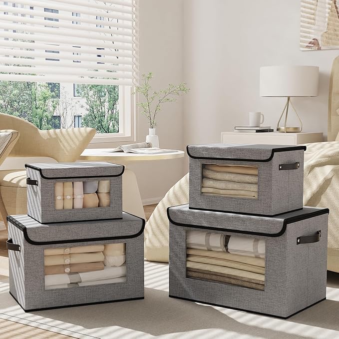 Storage Bins with Lids, Decorative Linen Storage Boxes, 17.7 x 11.8 x 11.8 Inch Closet Organizers for Shelves with Handles, Gray, 3-Pack