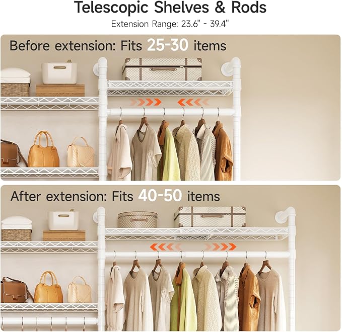ONBRILL H2 Plus Expandable Wall Mounted Closet System, 3.8FT-5.1FT Closet Organizer with Telescopic Shelves & Adjustable Rods, Industrial Pipe Clothing Rack for Walk-in & Reach-in Closet (White)